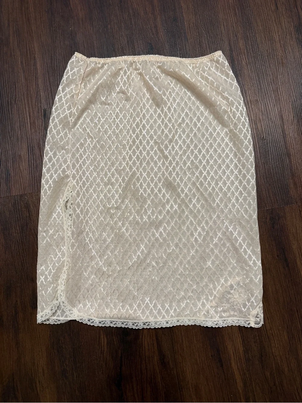 Vintage 80s Undercover Wear Sheer Lace Half Slip Champagne Lingerie Side Slit